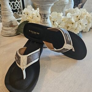 Coach Brown and Cream Signature Logo Thong Sandals